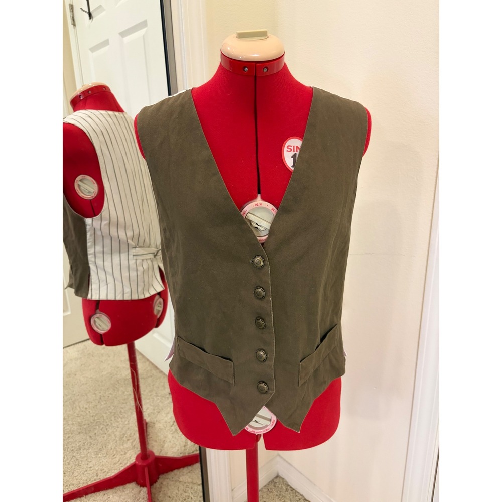 Carroll Reed Vintage Olive Green Pinstripe Back Waistcoat Vest Size M